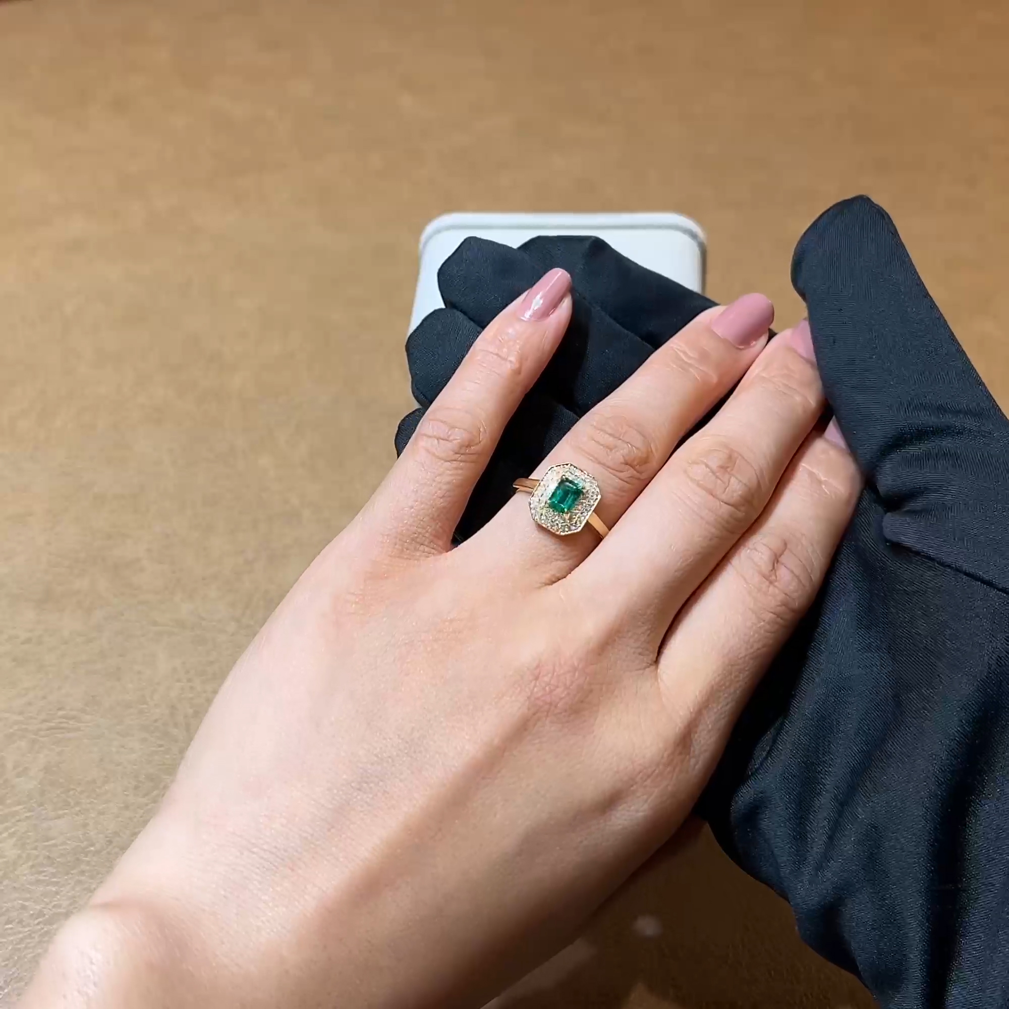 Octagonal Cut 0.62ct Emerald and Diamond Cluster Ring in 18ct Yellow Gold