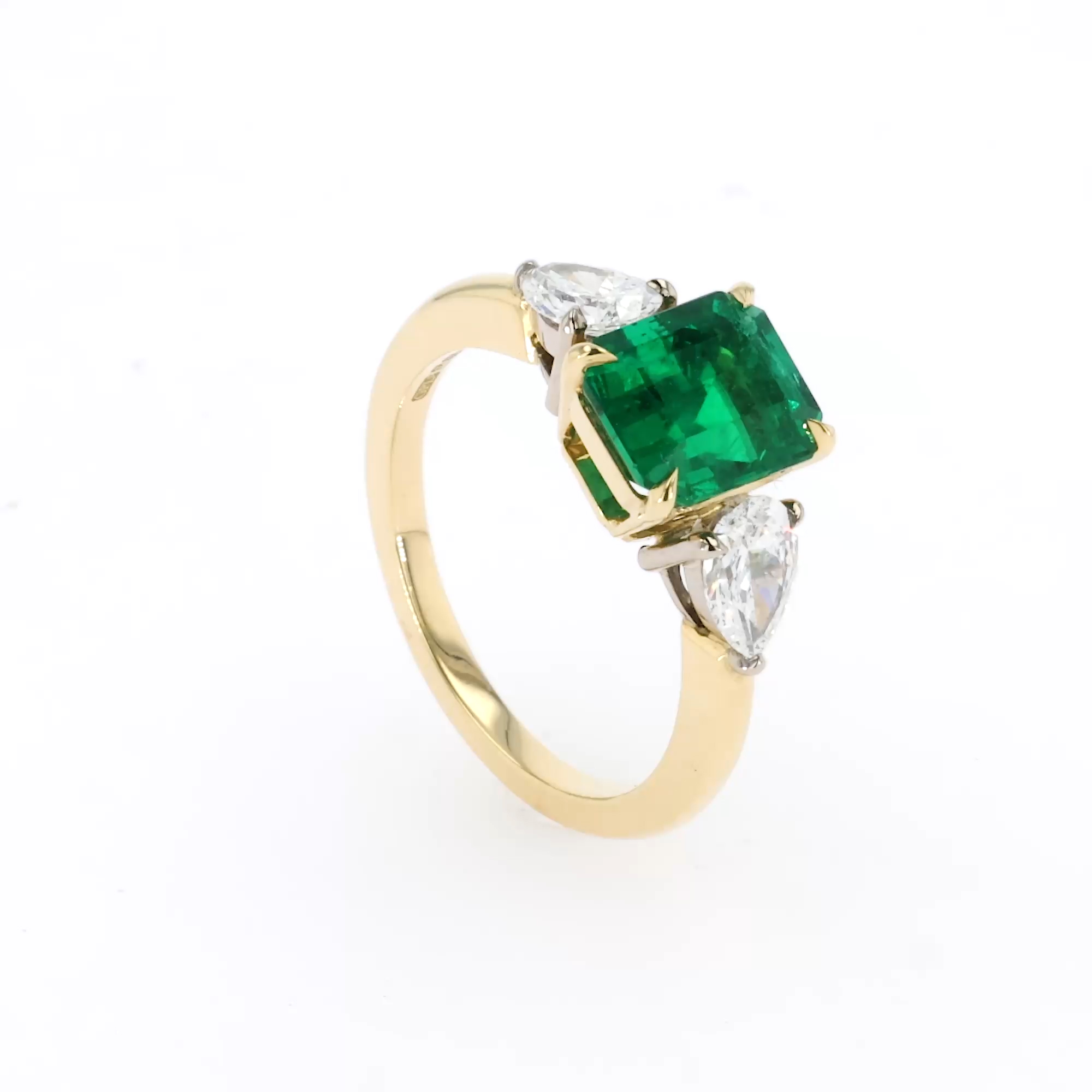 Octagon Cut 2.17ct Brazilian Emerald and Diamond Three Stone Ring in 18ct Yellow and White Gold