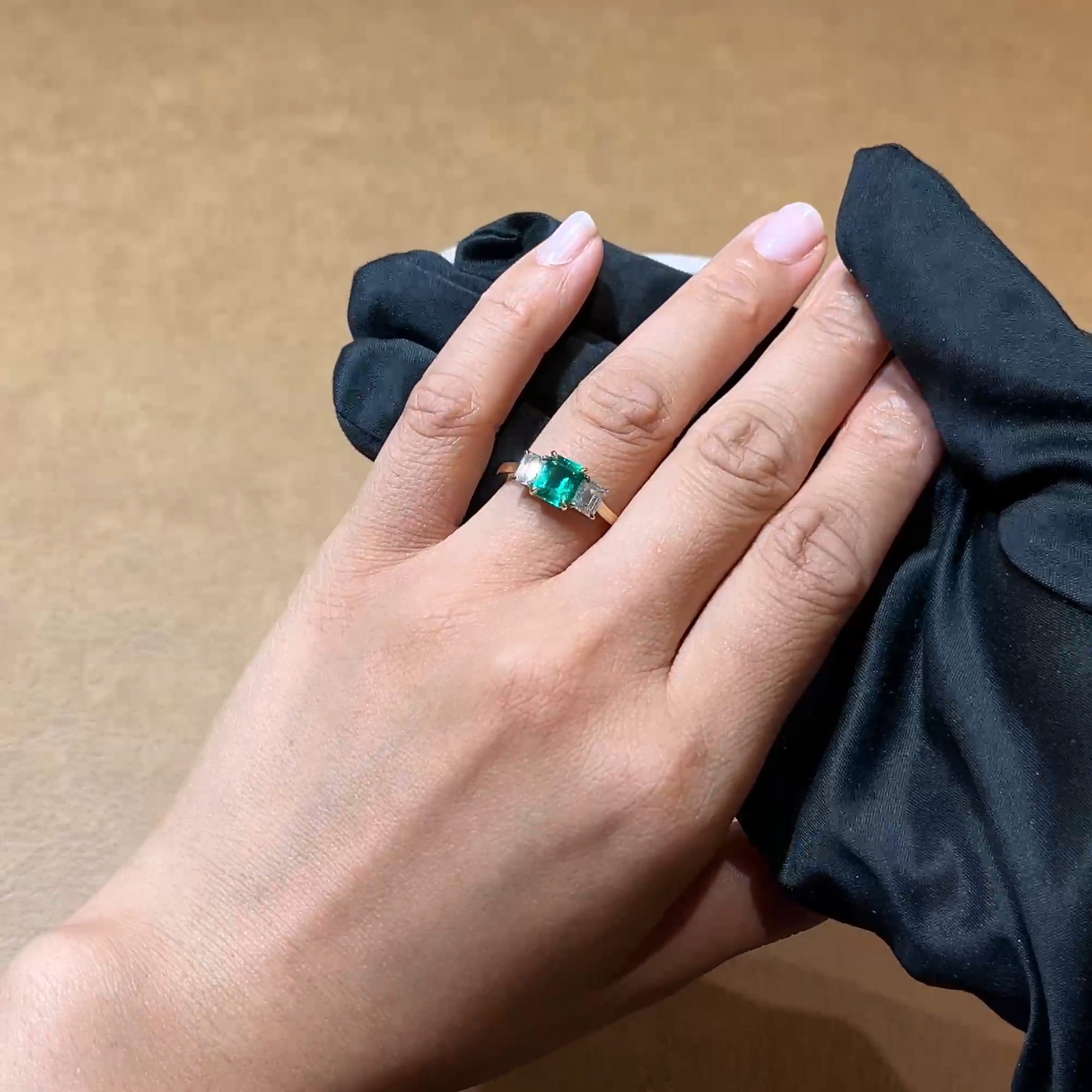 Octagon Cut 0.97ct Colombian Emerald and Diamond Three Stone Ring in 18ct Yellow Gold