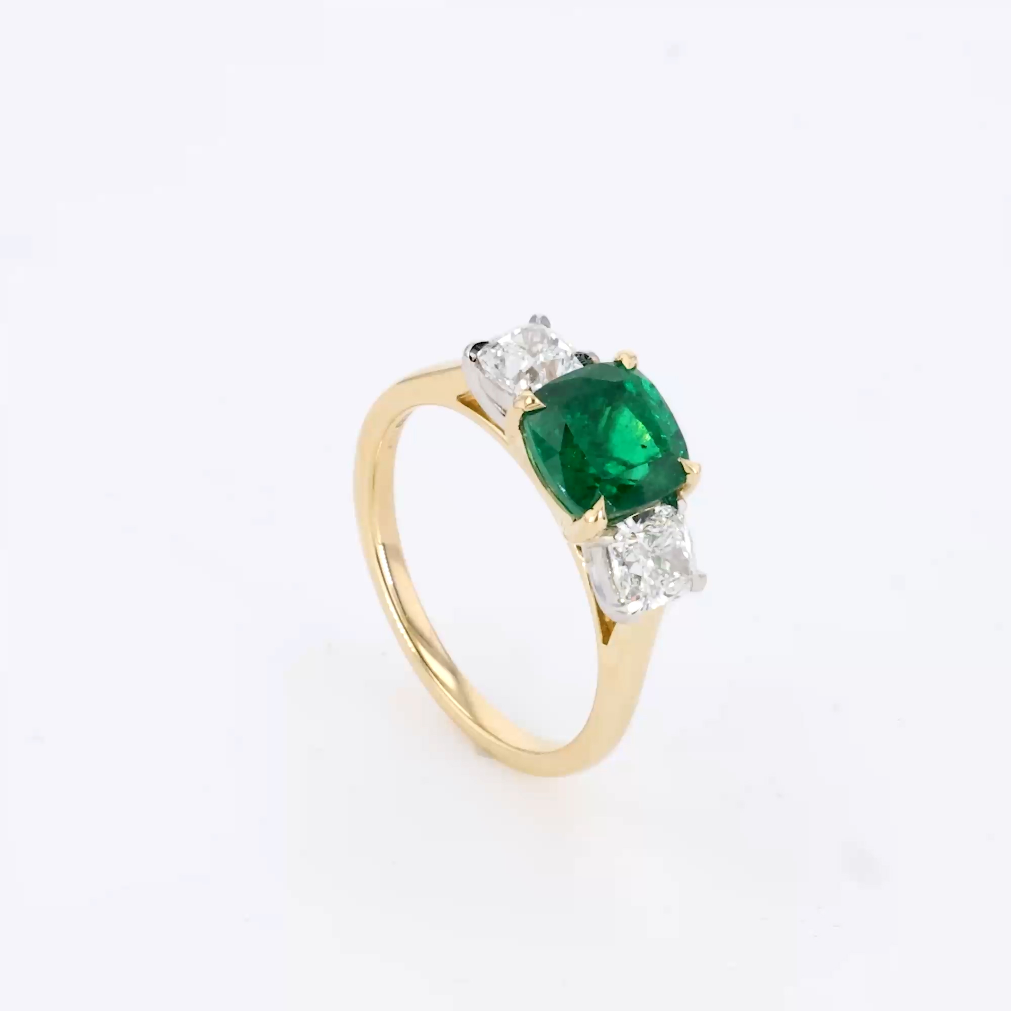 Cushion Cut 1.74ct Zambian Emerald and Diamond Three Stone Ring in 18ct Yellow Gold and Platinum