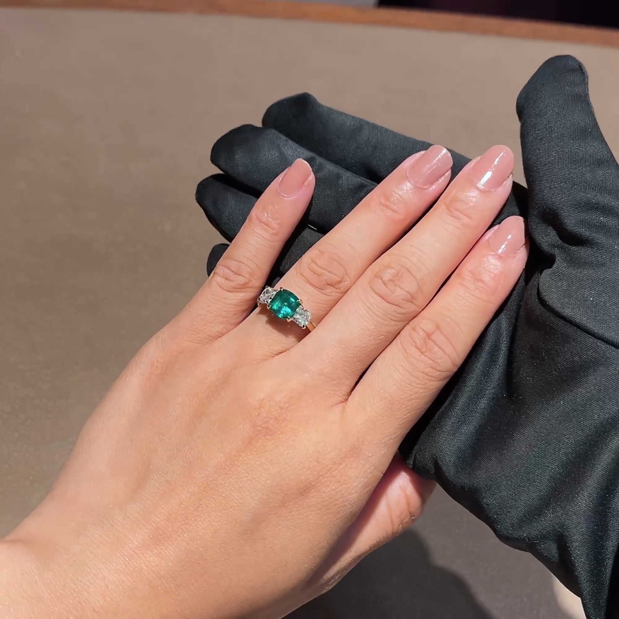 Cushion Cut 1.74ct Zambian Emerald and Diamond Three Stone Ring in 18ct Yellow Gold and Platinum