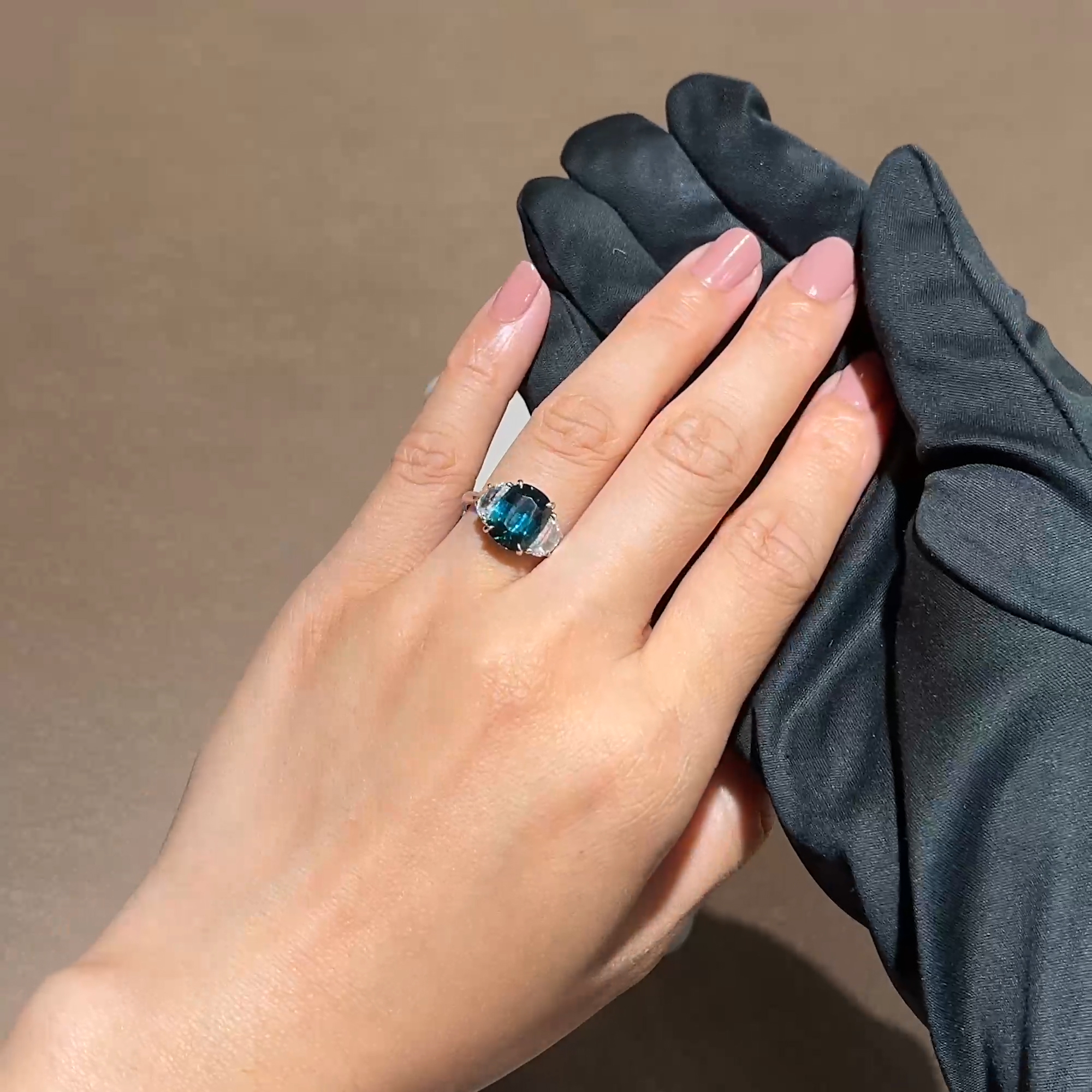 Cushion Cut 3.18ct Lagoon Tourmaline and Diamond Ring in Platinum