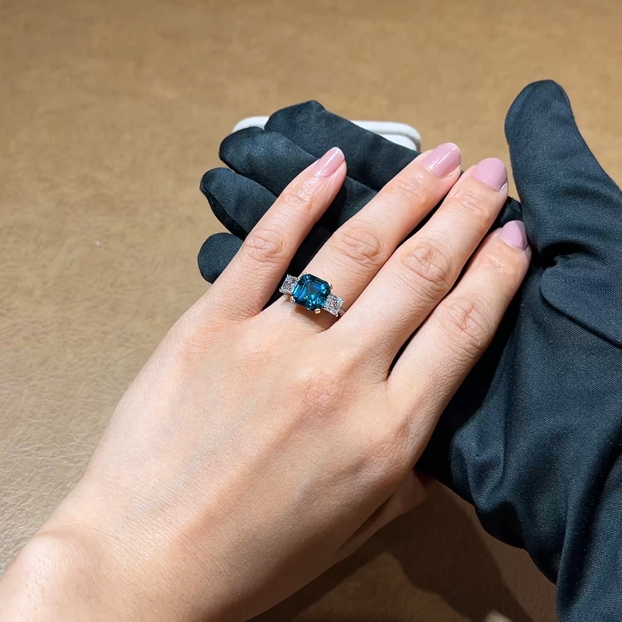 Asscher Cut 3.71ct Namibian Lagoon Tourmaline and Diamond Ring in Platinum and 18ct Yellow Gold