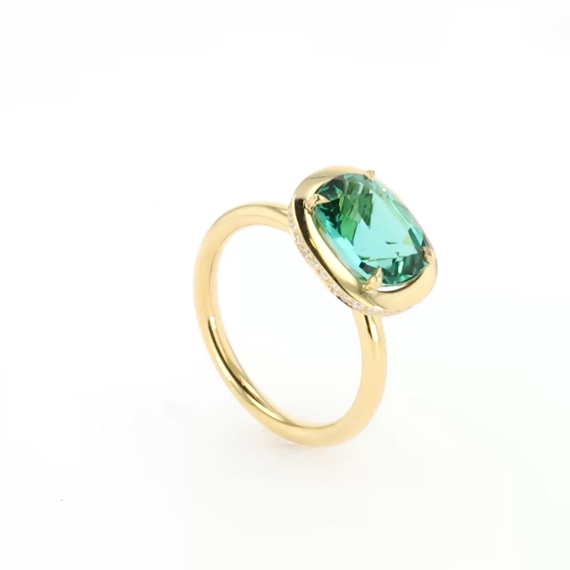 Skimming Stone 3.62ct Namibian Lagoon Toumaline and Diamond Ring in 18ct Yellow Gold