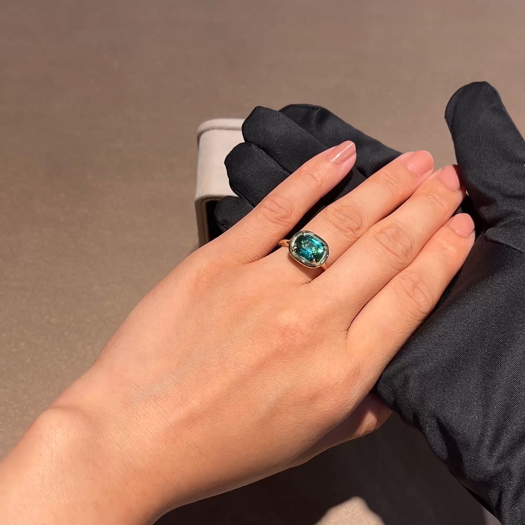 Skimming Stone 3.62ct Namibian Lagoon Tourmaline and Diamond Ring in 18ct Yellow Gold