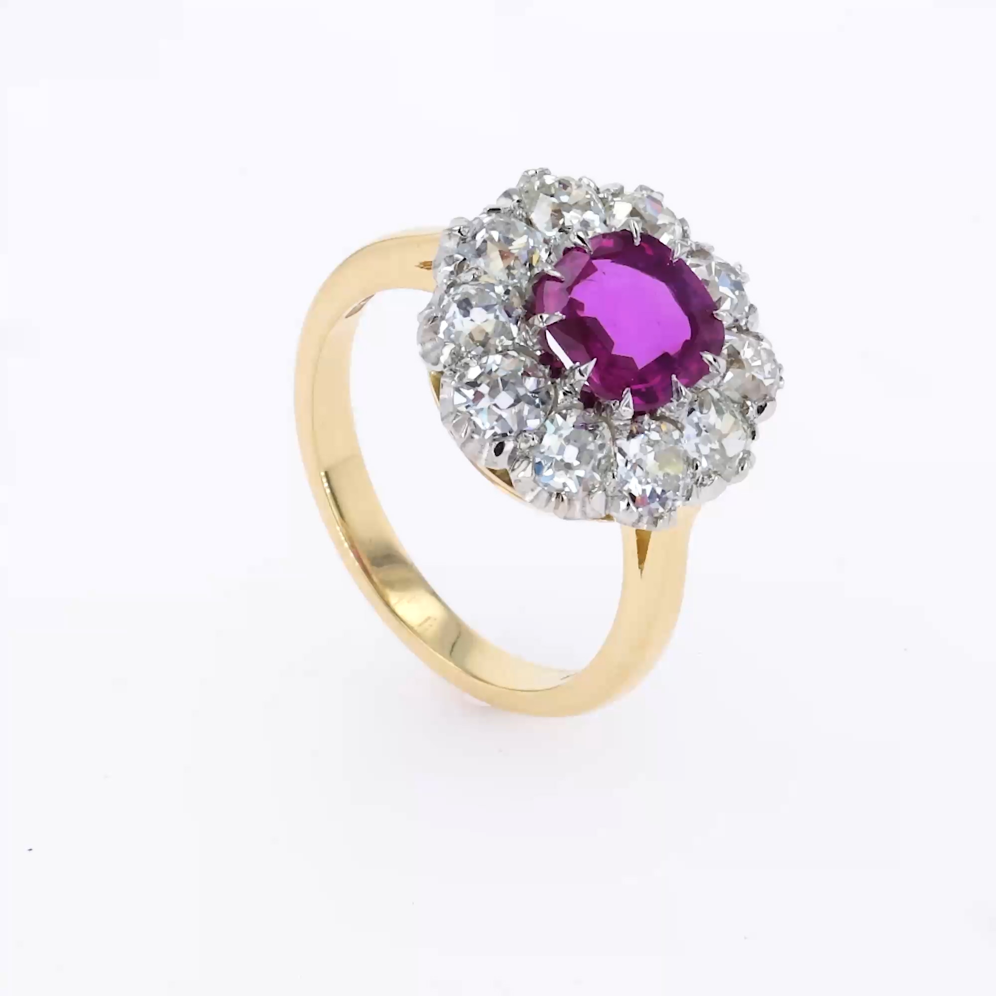  Cushion Cut 1.30ct Ruby and Diamond Cluster Ring in 18ct Yellow Gold and Platinum
