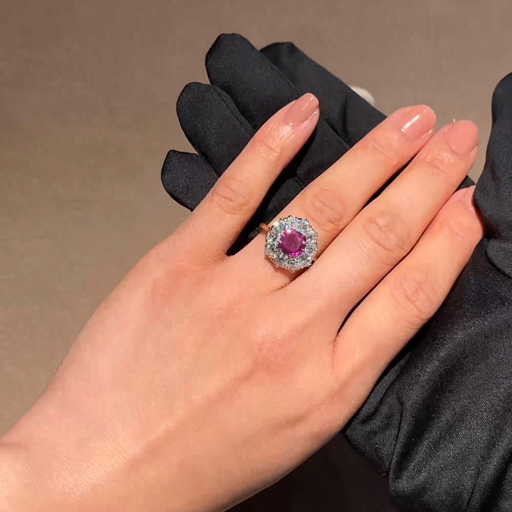  Cushion Cut 1.30ct Burma Ruby and Diamond Cluster Ring in 18ct Yellow Gold and Platinum