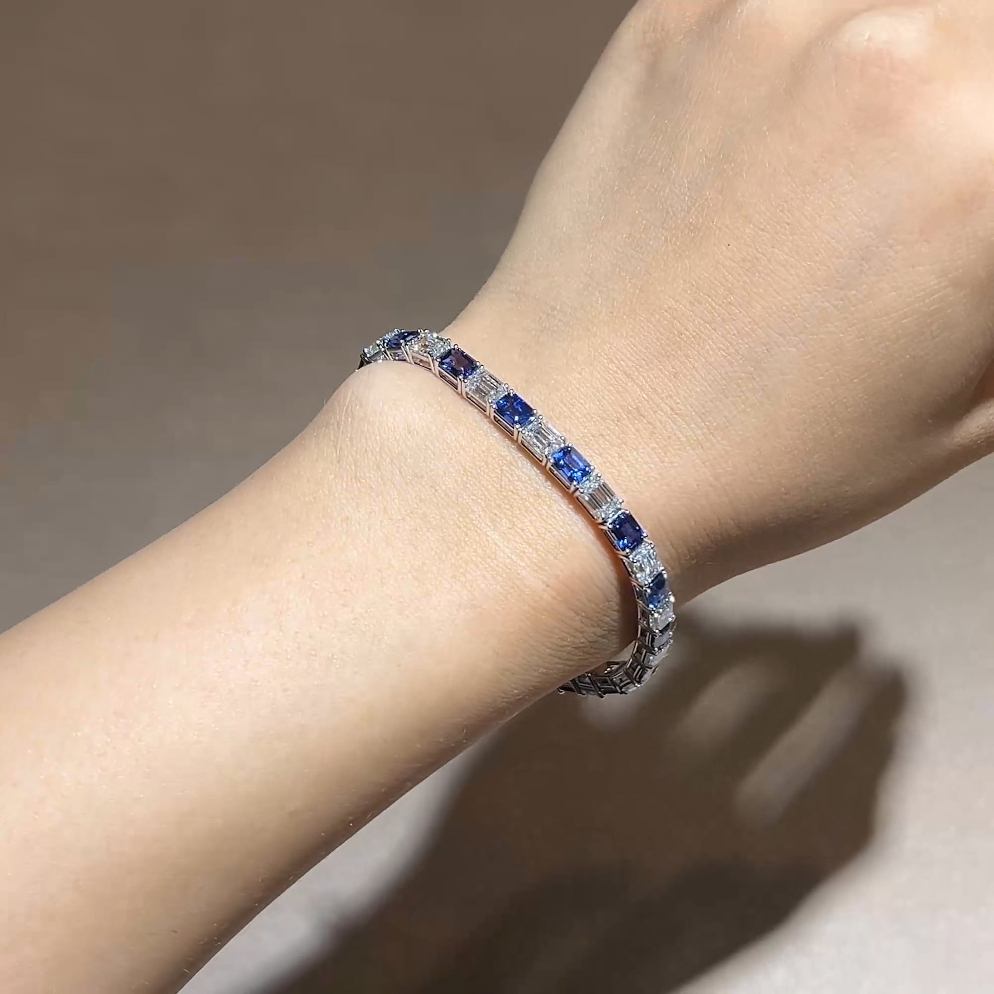 Emerald Cut 9.14ct Natural Diamond and Sapphire Line Bracelet in 18ct White Gold