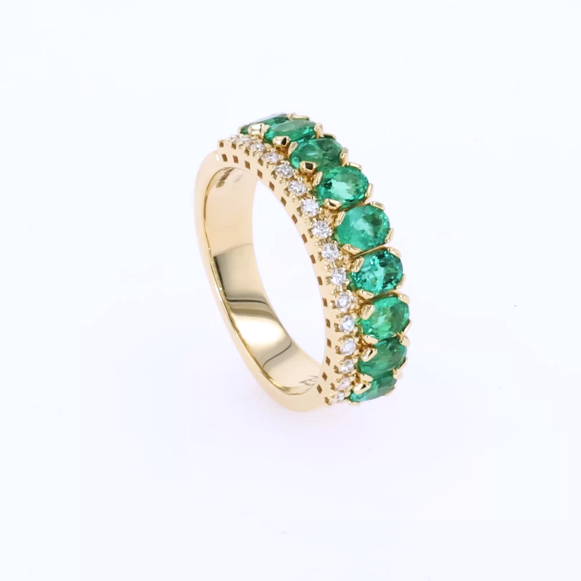 Oval Cut 1.61ct Emerald and Diamond Half Eternity Ring in 18ct Yellow Gold