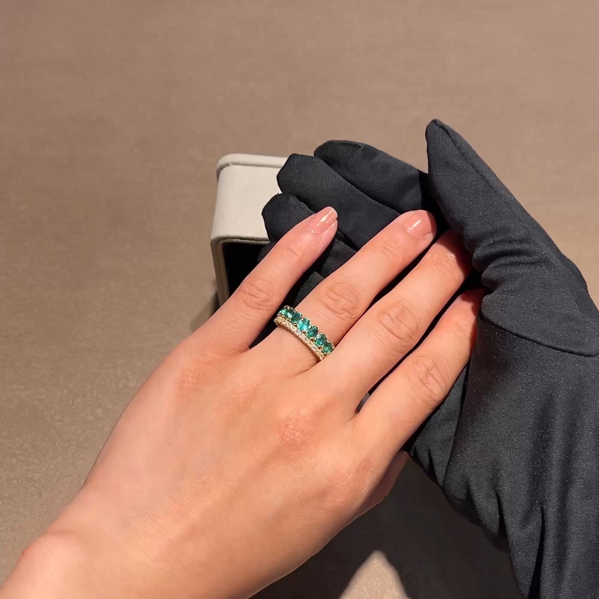 Oval Cut 1.61ct Emerald and Diamond Half Eternity Ring in 18ct Yellow Gold