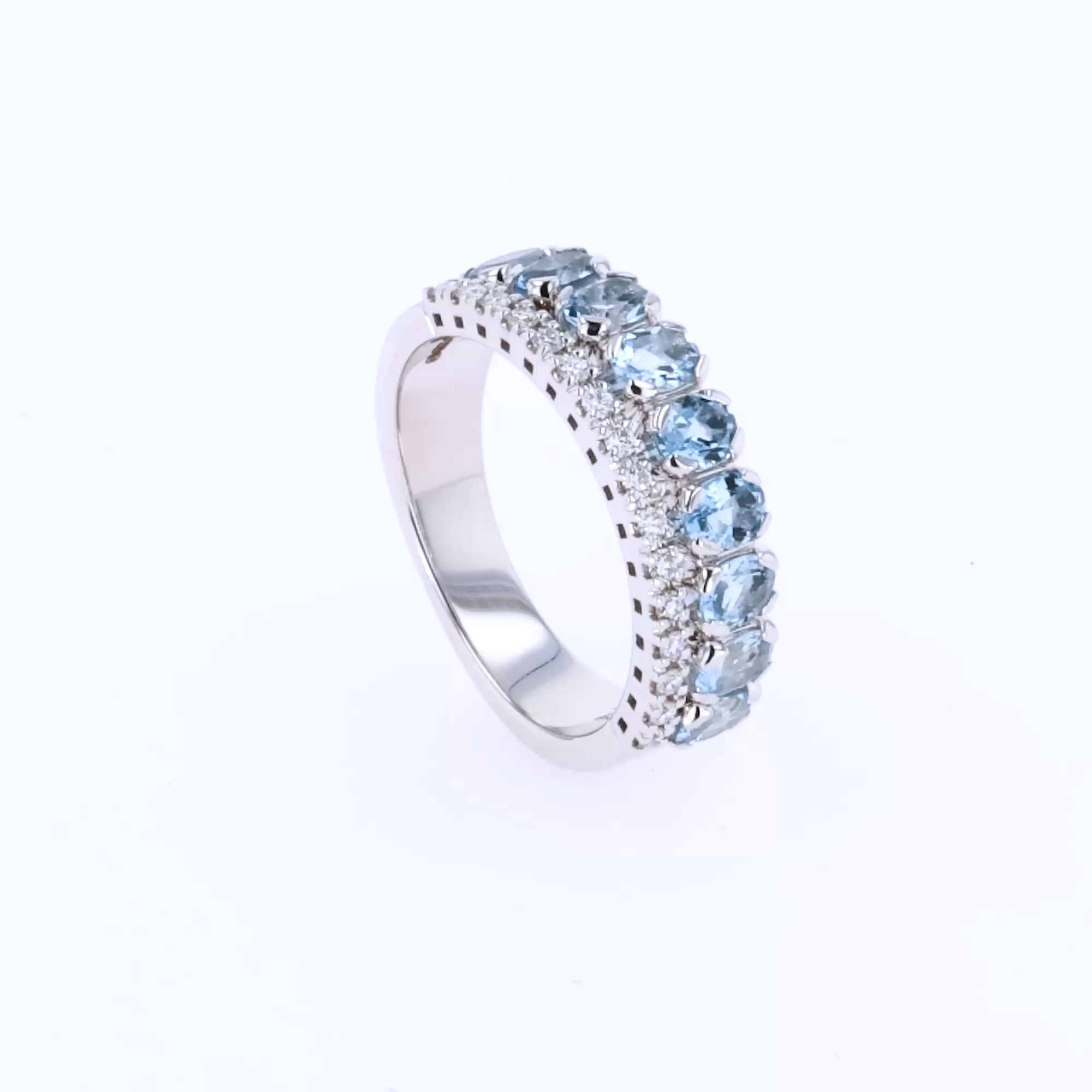 Oval Cut 1.28ct Aquamarine and Diamond Half Eternity Ring in 18ct White Gold