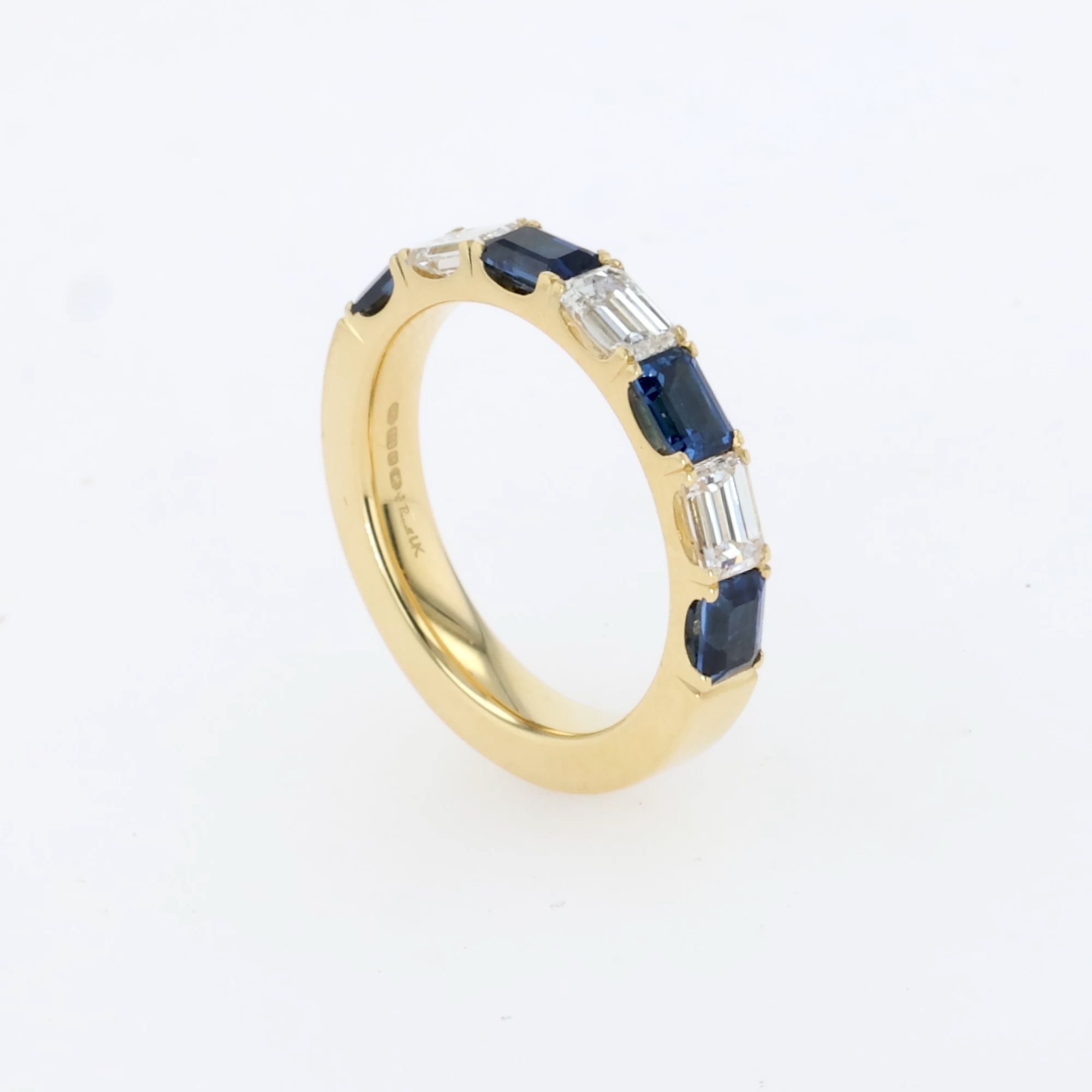Emerald Cut 1.35ct Sapphire and Diamond Half Eternity Ring in 18ct Yellow Gold