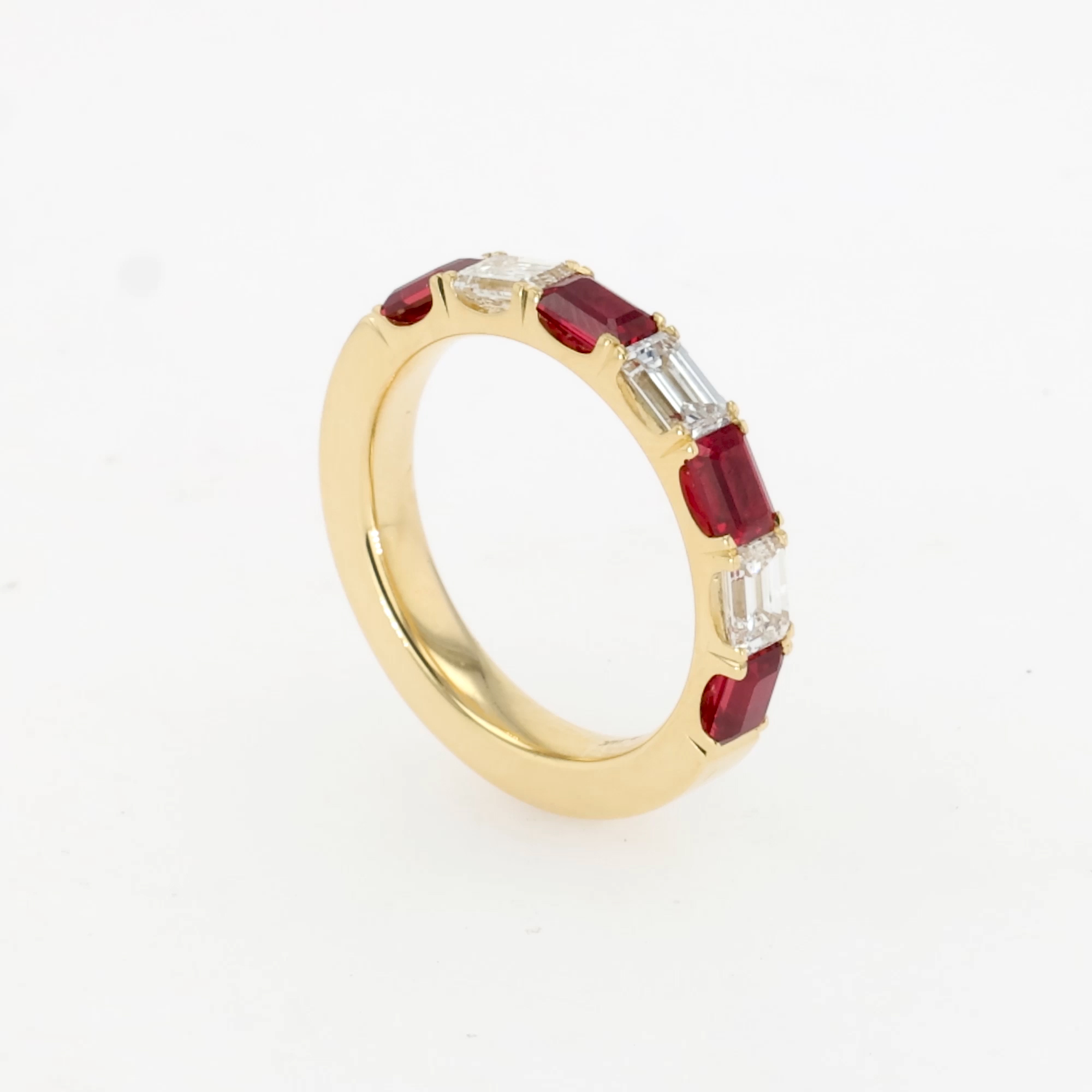 Emerald Cut 1.40ct Ruby and Diamond Half Eternity Ring in 18ct Yellow Gold