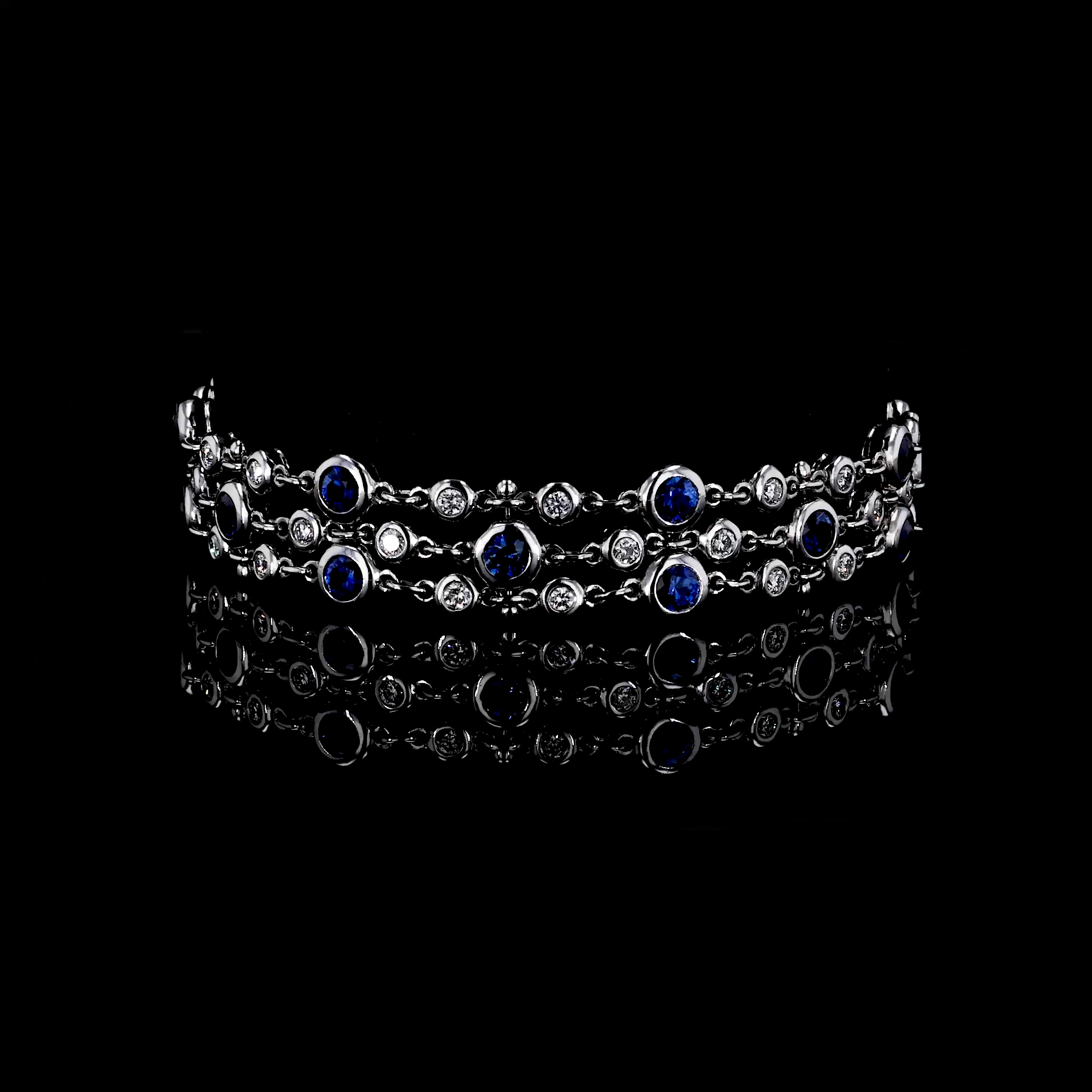 Bubbles Blue Sapphire and Diamond Three-Row Bracelet 5.85ct in 18ct White Gold