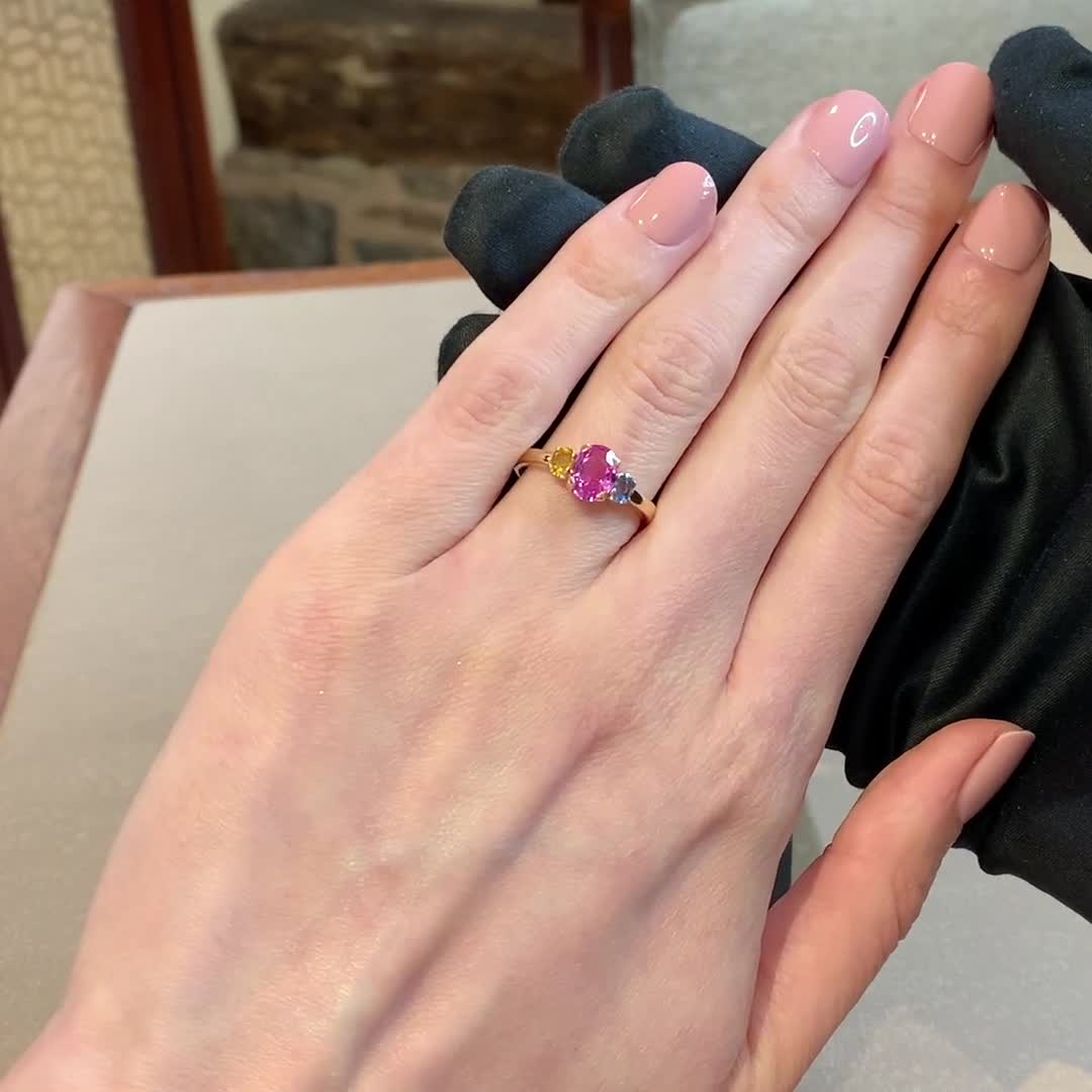 Rainbow Fancy Sapphire Three-Stone Ring 1.77ct in 18ct Rose Gold