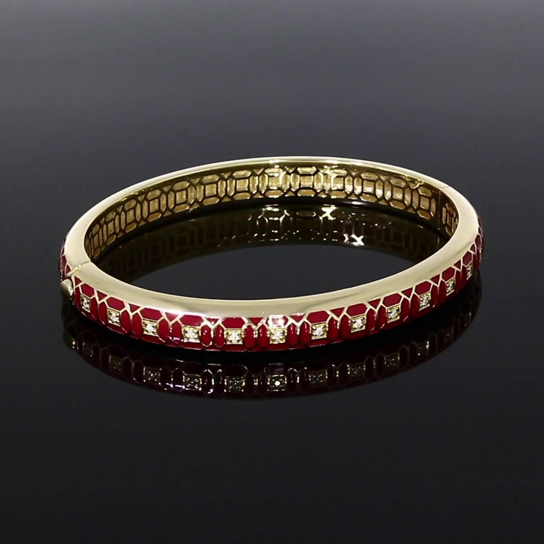 Revival Regency Red Enamel and Diamond Bangle <br /> 0.30ct in Yellow Gold