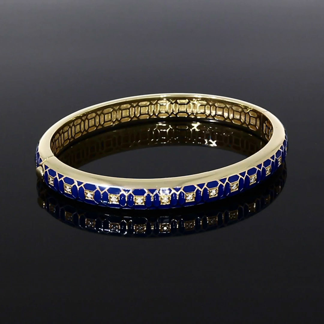 Revival Royal Blue Enamel and Diamond Bangle <br /> 0.30ct in Yellow Gold