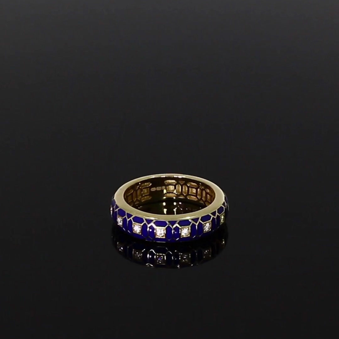Revival Royal Blue Enamel and Diamond Ring <br /> 0.15ct in Yellow Gold