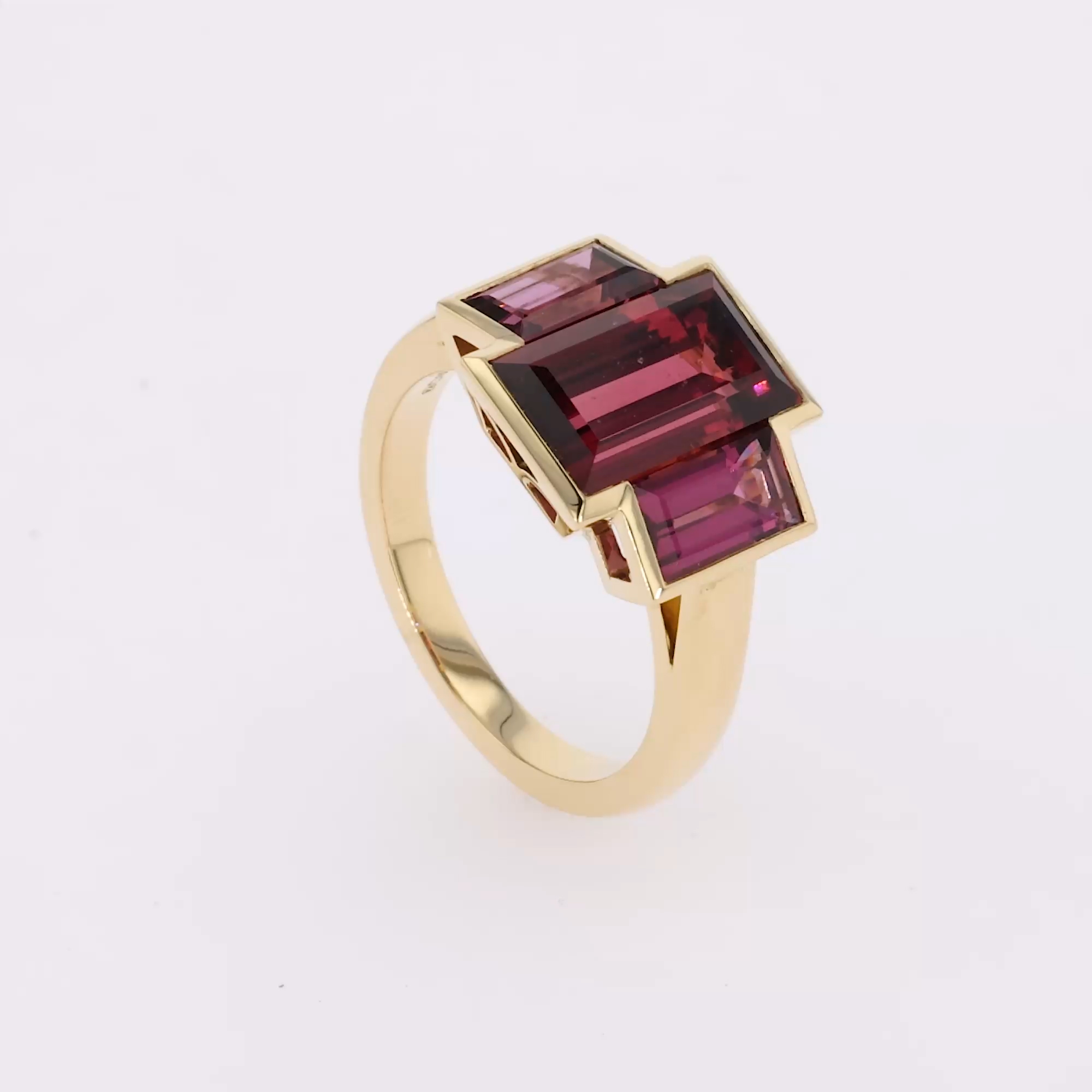 Kingdom 5.95ct Rhodolite Garnet Three Stone Ring in 18ct Yellow Gold
