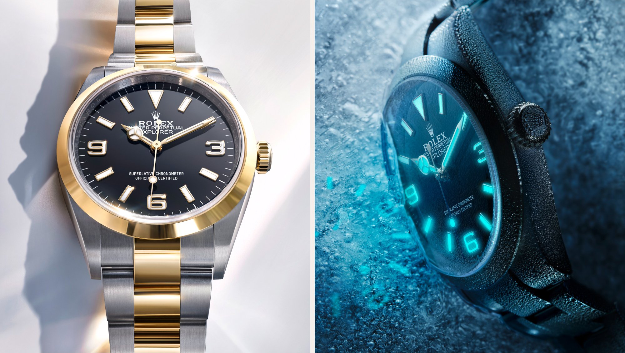 (left): Rolex Explorer glowing red, (right): Rolex Explorer Chromalight display dial