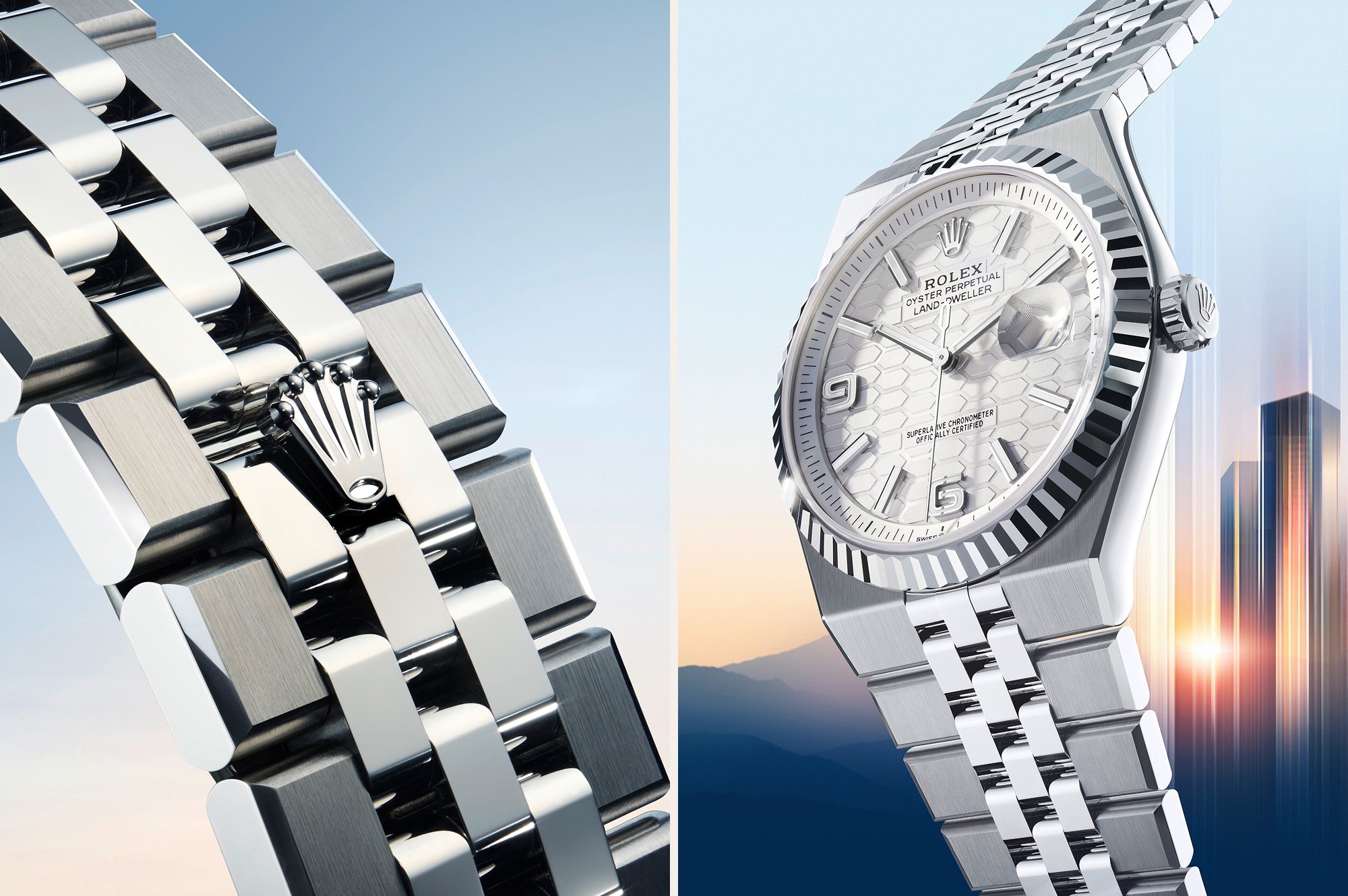 (left): Rolex Land Dweller bracelet, (right): Rolex Land Dweller watch dial