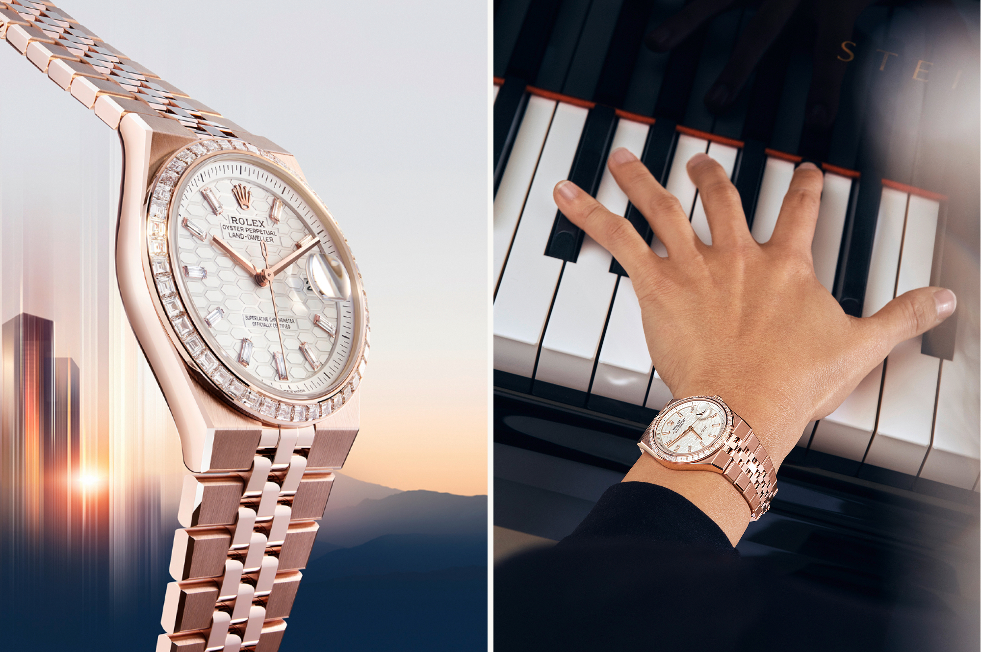 (left): Rolex Land Dweller watch dial, (right): Rolex Land Dweller watch on wrist