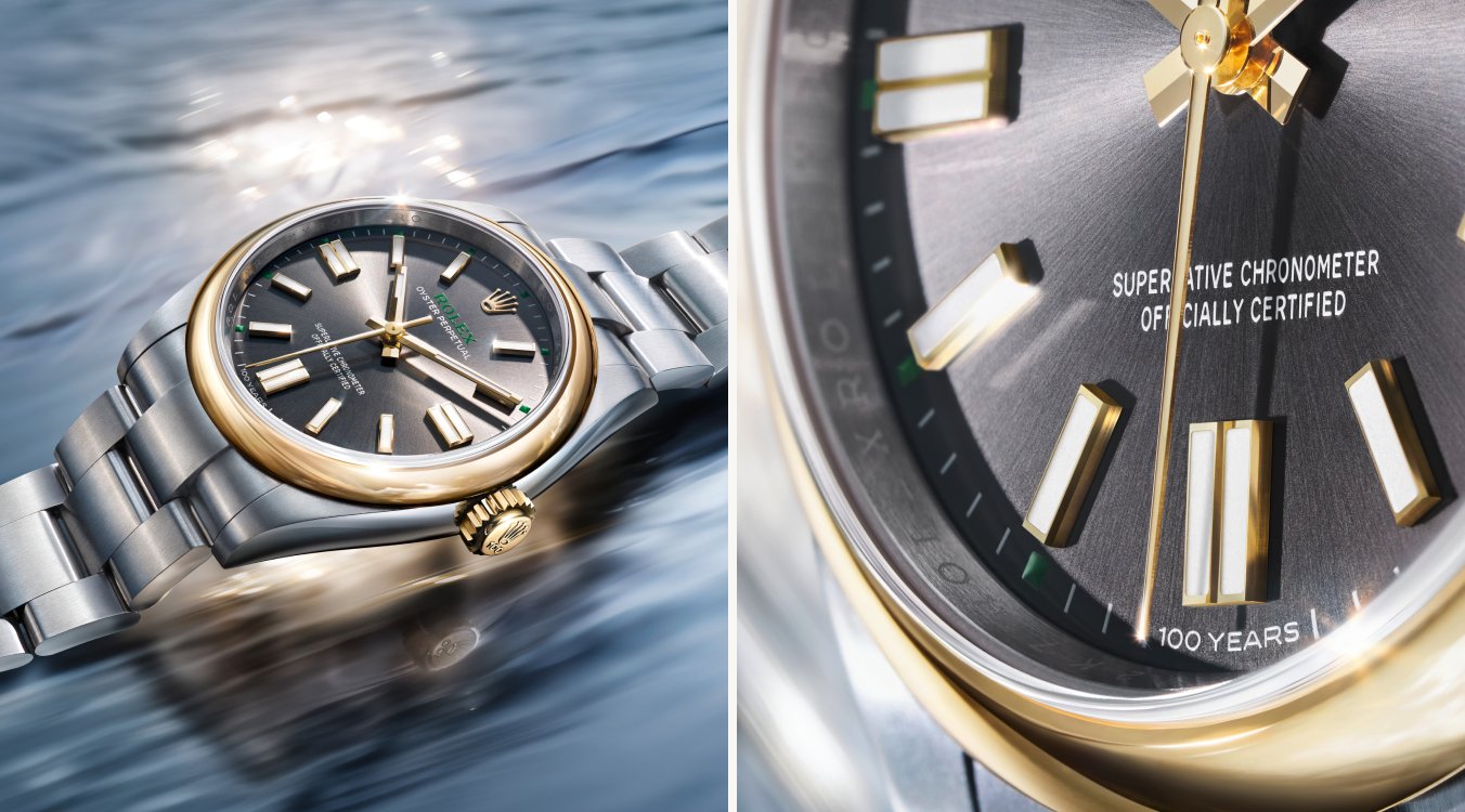 (left): Rolex Oyster Perpetual watch dial, (right): Rolex Oyster Perpetual watch with strap