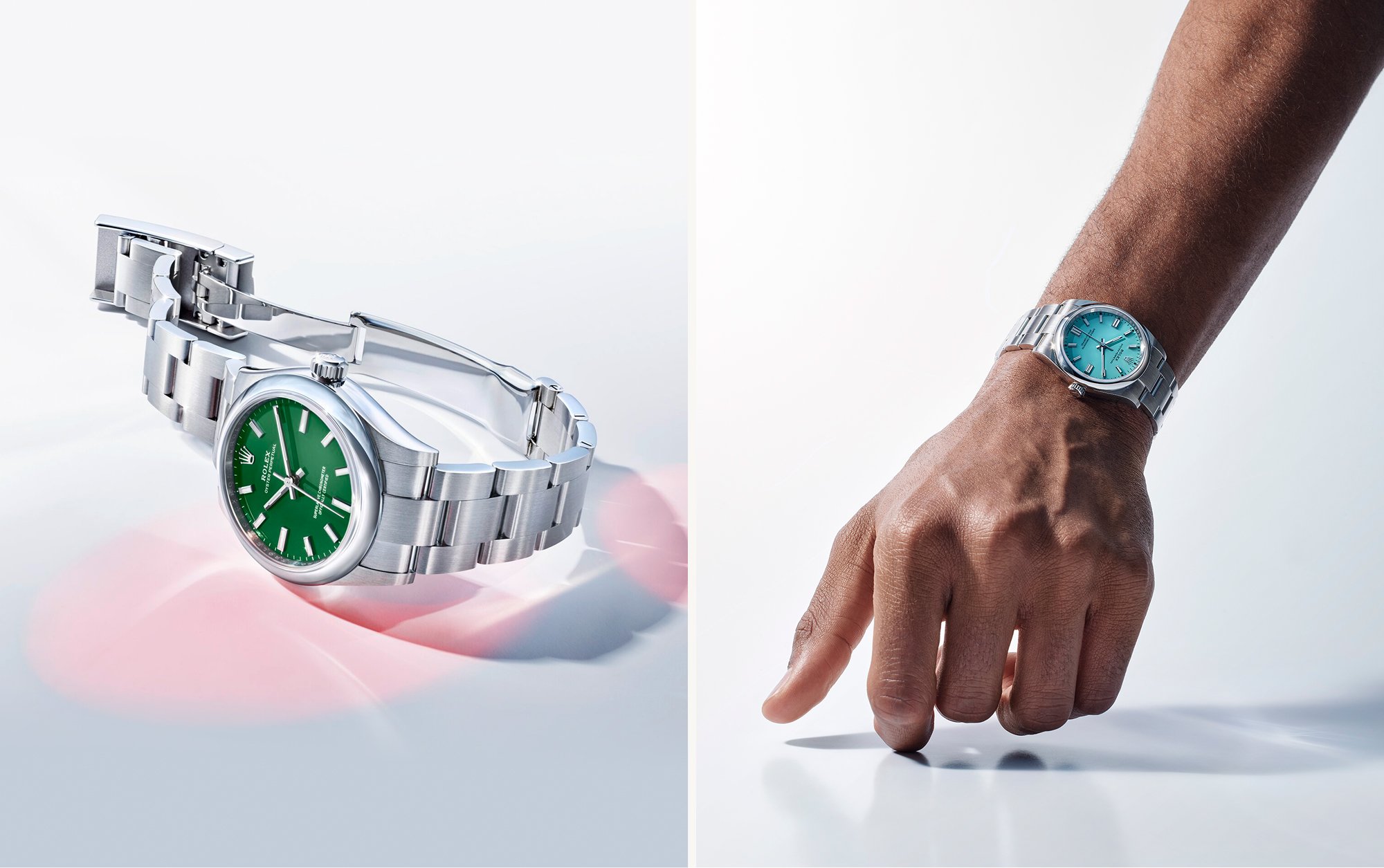 (left): Rolex Oyster Perpetual blue watch dial, (right): Rolex Oyster Perpetual blue watch with bracelet