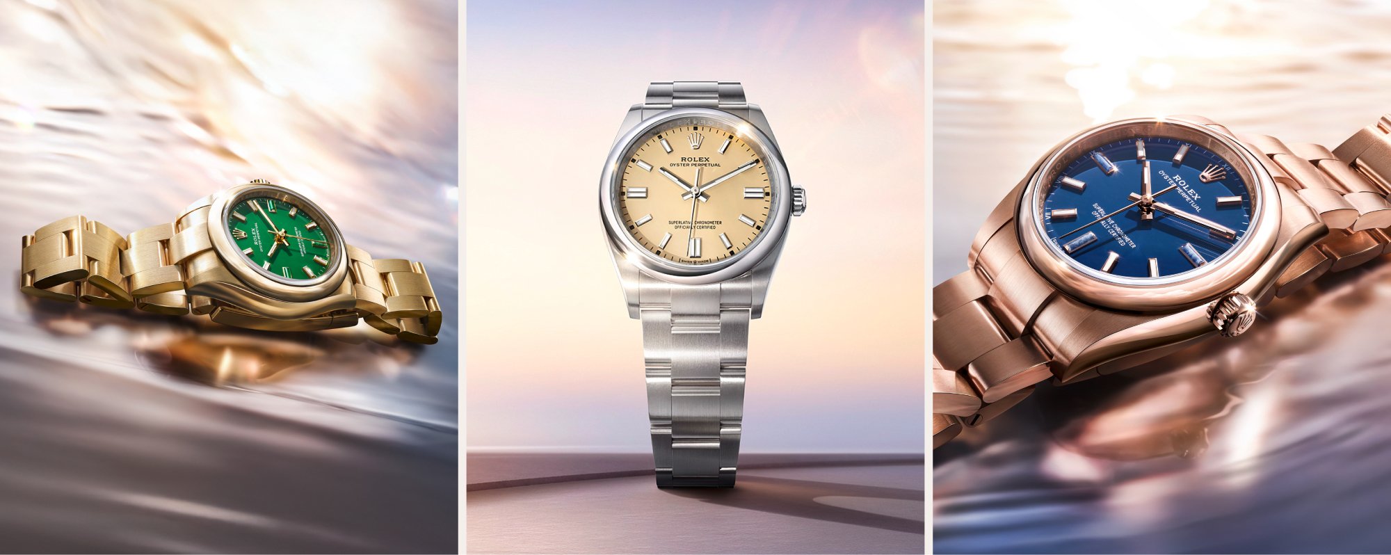(left): Rolex Oyster Perpetual watch dial, (right): Rolex Oyster Perpetual watch with strap