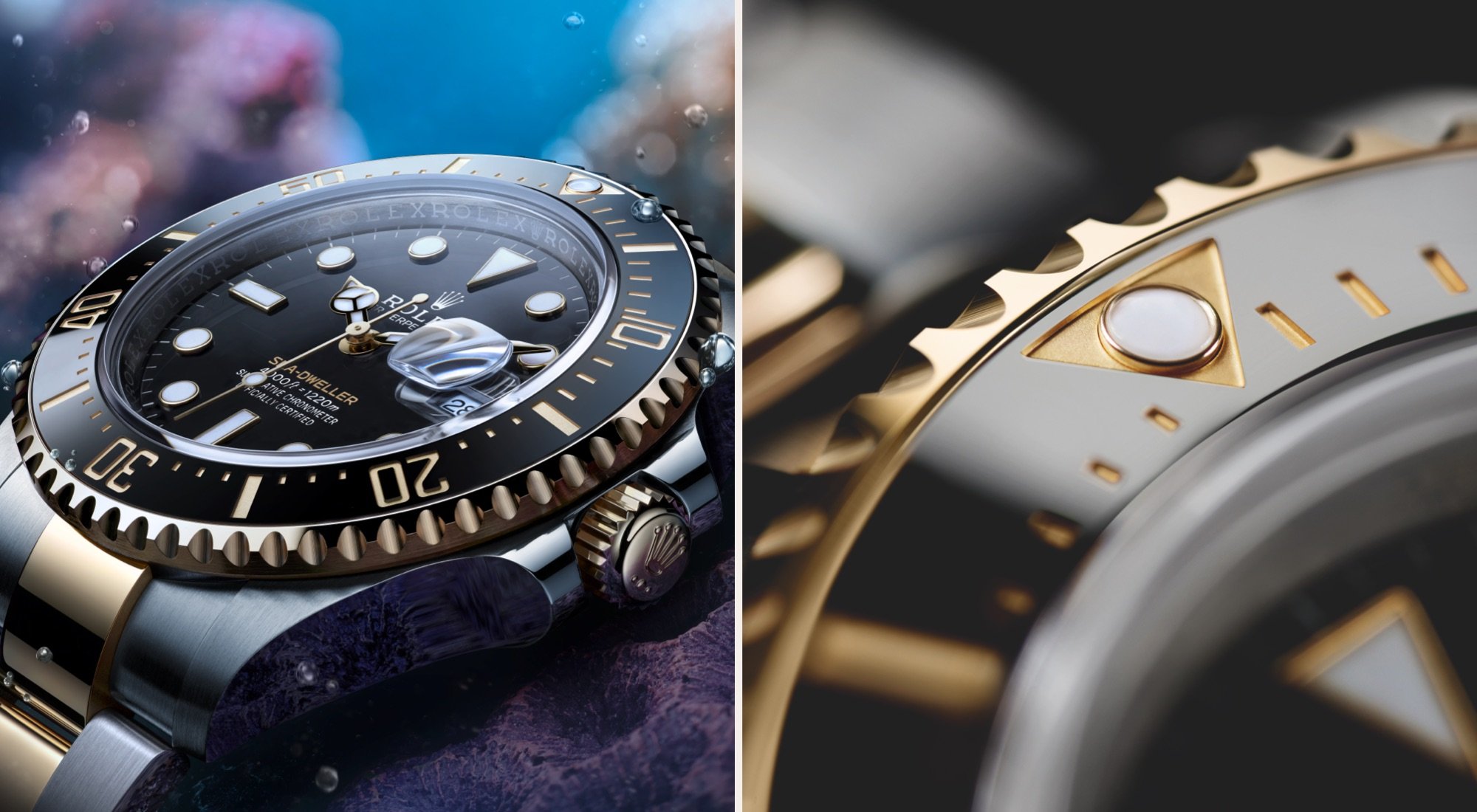 (left): Rolex Sea Dweller waterproofness test, (right): Rolex Sea Dweller Bezel