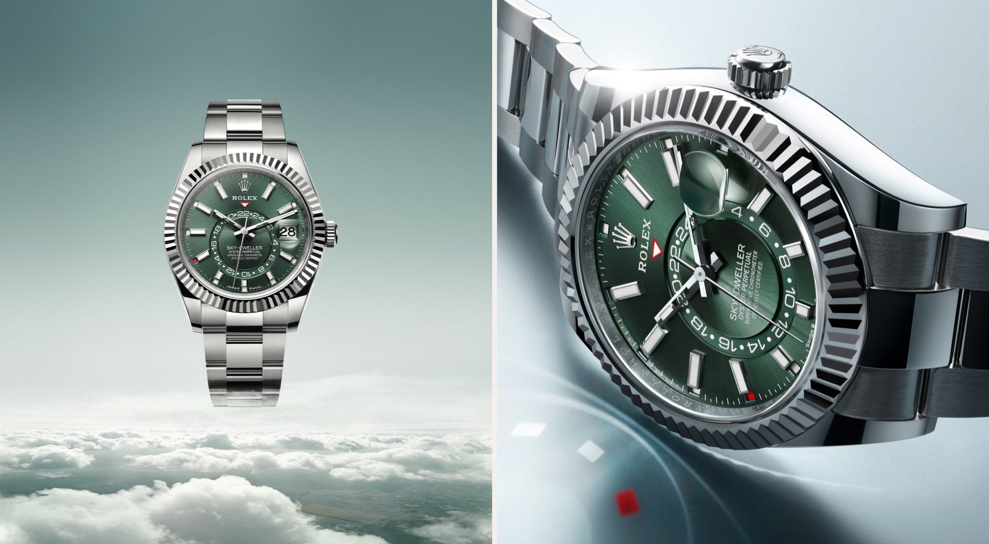 (left): Rolex Sky Dweller with dark green dial and bracelet, (right): Rolex Sky Dweller with dark green dial