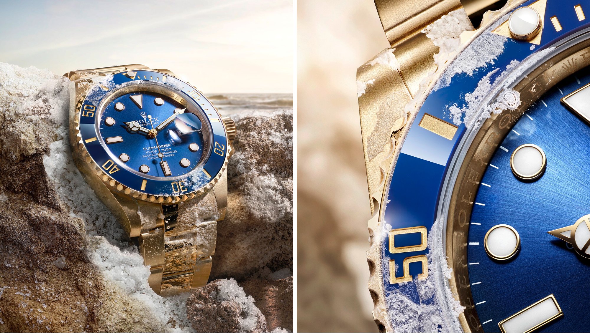 (left): Rolex Submariner watch in water, (right): Rolex Submariner watch dial