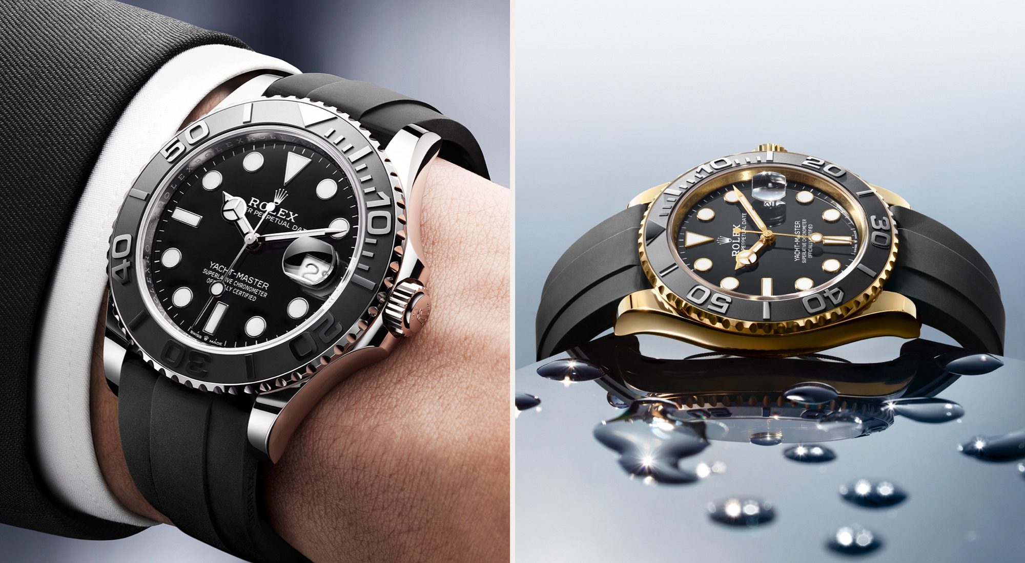 (left): Rolex Yacht Master watch on a wrist, (right): Rolex Yacht Master watch in water