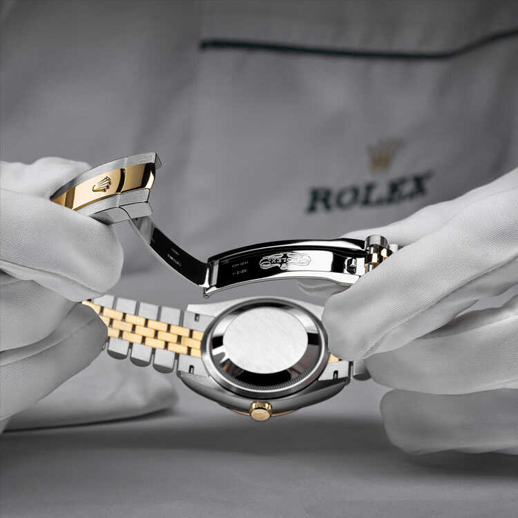 Image of man holding Rolex watch with gloves