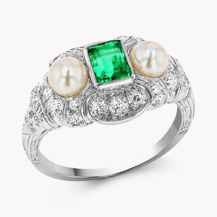 Edwardian 0.46ct Emerald Cut Emerald, Pearl and Diamond Ring Emerald Cut, Millegrain Set_1