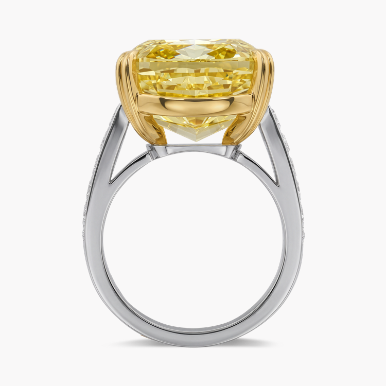 Masterpiece Cushion Cut 25.19ct South African Fancy Vivid Yellow Diamond Ring Modern Cushion & Baguette Cut, Claw Set_3