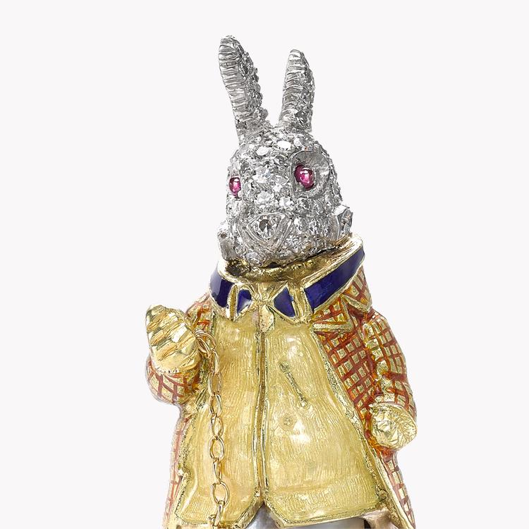 Edwardian Baroque Pearl Rabbit Brooch in Yellow & White Gold Rabbit Clip Brooch, with Diamond & Enamel_3