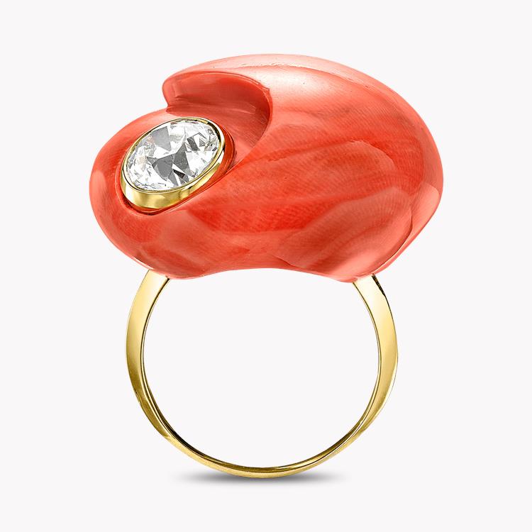 Art Deco Sterlé Coral & Diamond Ring Coral Cocktail Ring, with Old Cut Diamond_3