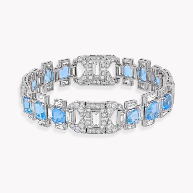 French Art Deco Aquamarine & Diamond bracelet Round Brilliant-cut & Baguette-cut Diamonds  Emerald-cut Aquamarines Grain & Rub-over set_1