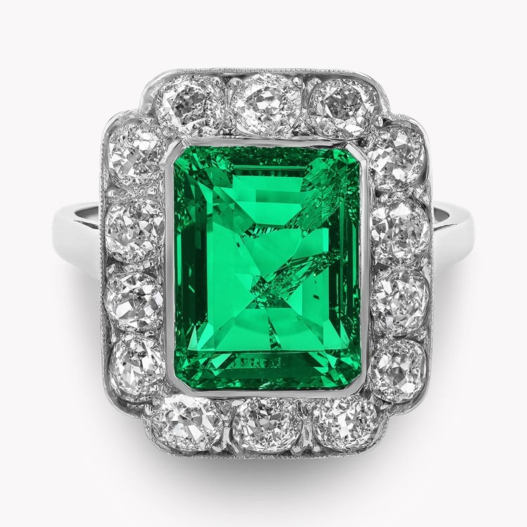 Art Deco 3.41ct Muzo Emerald and Diamond Cluster Ring Emerald Cut, Rubover Set_2