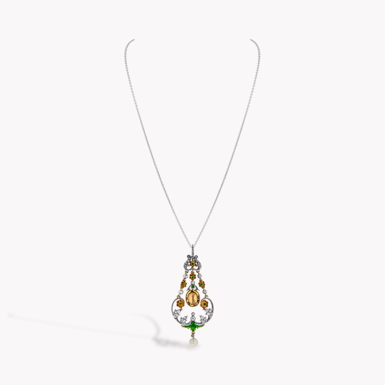 Belle Epoque Orange Topaz, Diamond, Enamel & Pearl  Pendant Oval Cut, Millegrain Set_2