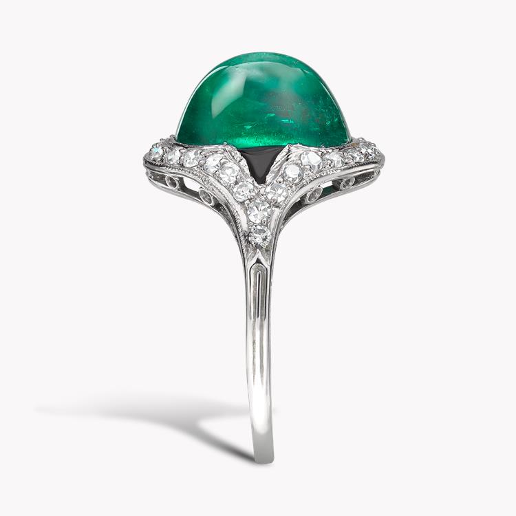 Art Deco Colombian Cabochon Emerald Ring 5.02CT in Platinum Cabochon Cocktail Ring, with Diamond and Onyx Surround_4