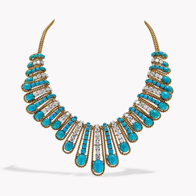 1940s Cartier Cabochon Cut Turquoise and Diamond Necklace Cabochon & Brilliant Cut, Claw Set_1
