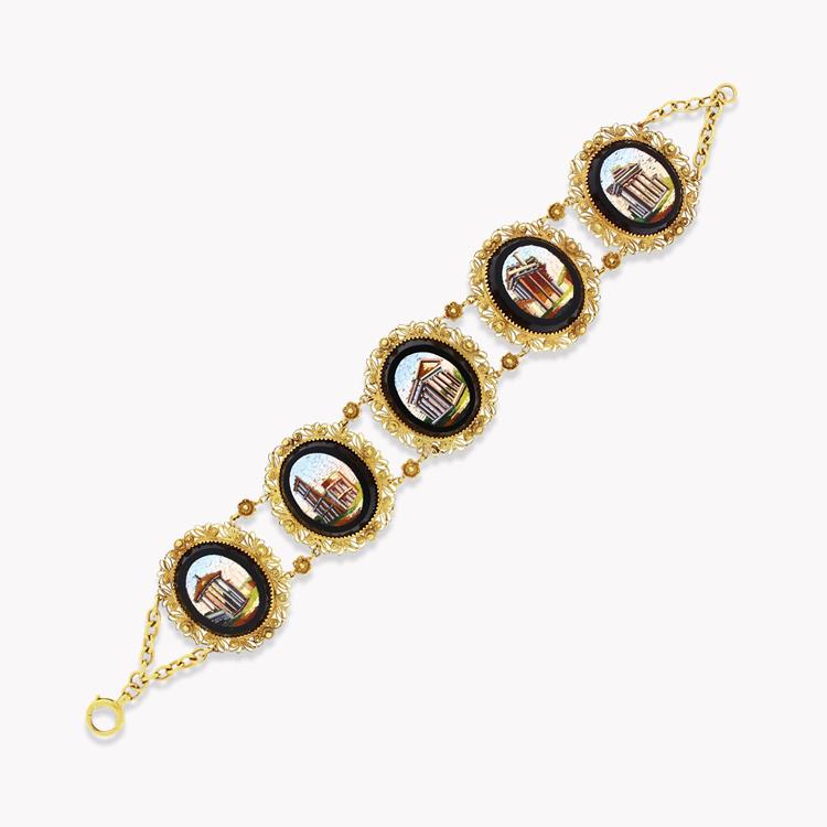 Victorian Mosaic Roman Revival Bracelet in Yellow Gold Micro Mosaic Bracelet, with Onyx & Filigree Surround_1