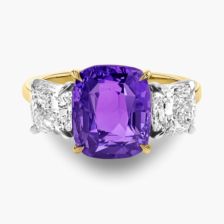 Masterpiece 5.41ct Colour Change Sapphire and Diamond Three Stone Ring Cushion modern cut, Claw set_2
