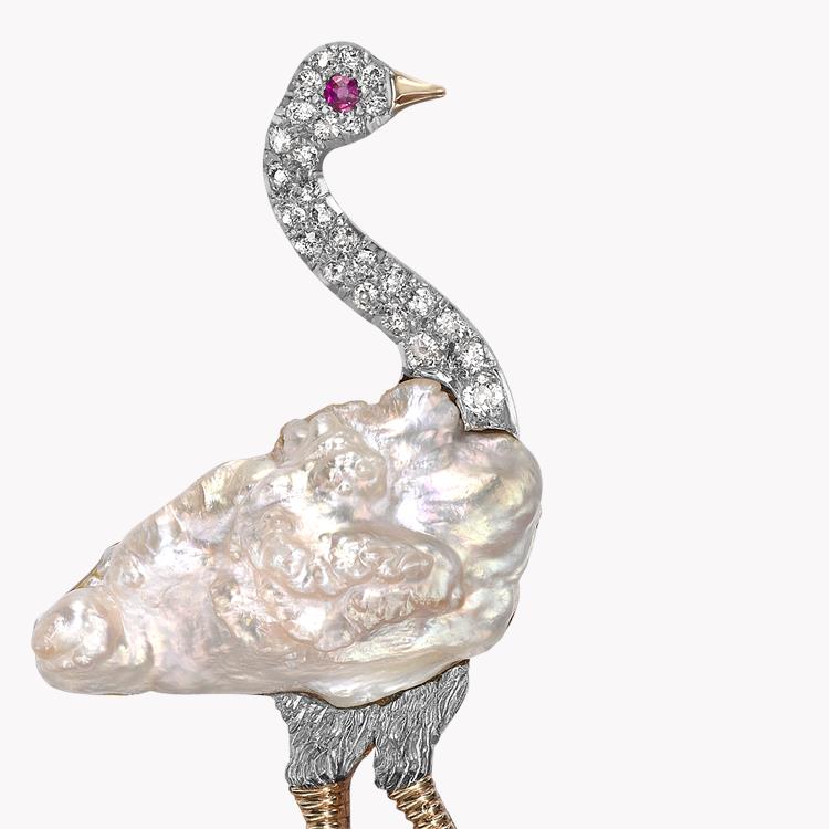 Edwardian Pearl & Diamond Ostrich Brooch 0.28CT in Yellow Gold Pearl Pin Brooch, with Diamond & Ruby_2
