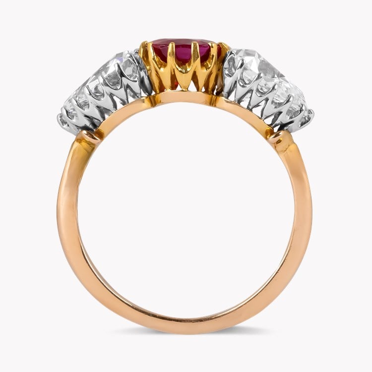 Edwardian 1.63ct Burma Ruby and Diamond Three Stone Ring Cushion & Pear Cut, Claw Set_3