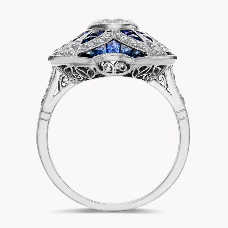 Art Deco Inspired Diamond and Calibre Sapphire Dress Ring with Sapphire and Diamond surround Old Cut, Millegrain Set_3