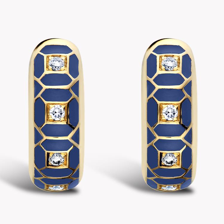 Revival Royal Blue Enamel and Diamond Earrings  0.14ct in Yellow Gold Brilliant Cut, Pave Set_1