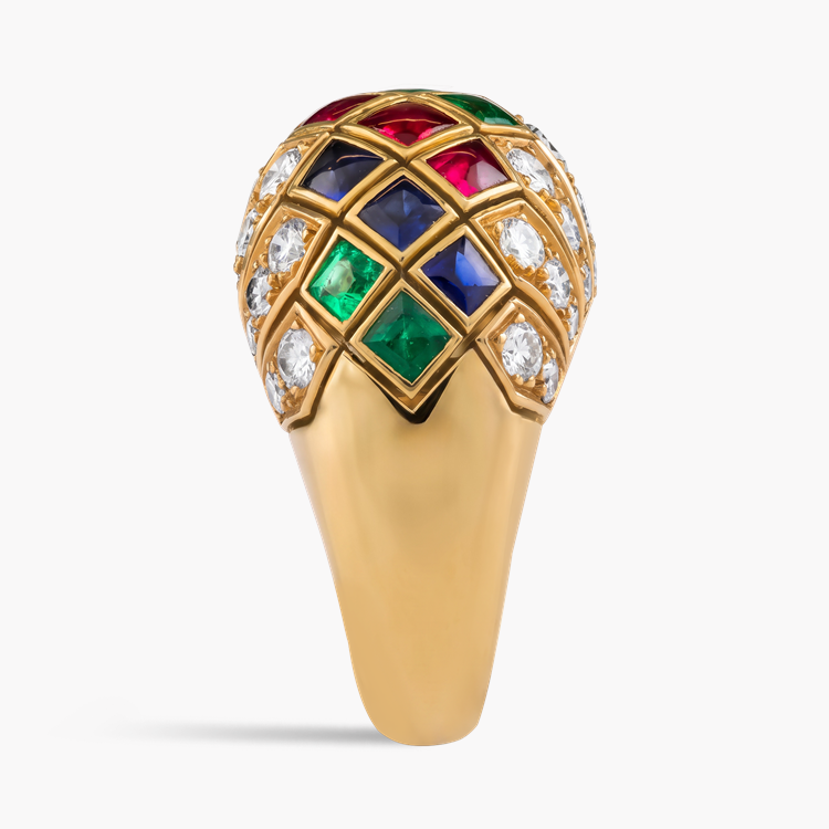 Retro Cartier Ruby, Sapphire, Emerald and Diamond Bombé Ring Cabochon & Brilliant Cut, Rubover & Pave Set_4